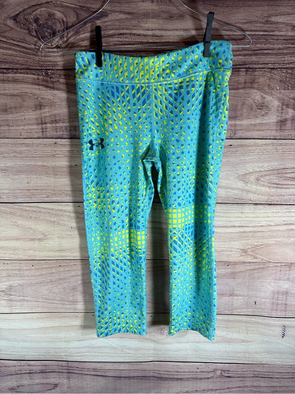 Under Armour Girls Teal Lime Geometric Active Leggings HeatGear Size Medium M